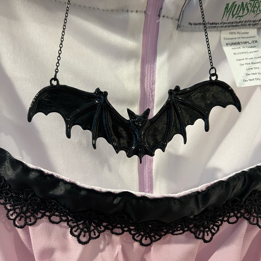 Lily Munster Costume with Black Bat Necklace - Picture 2 of 5